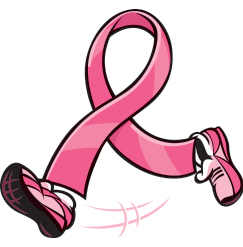 A pink ribbon crossed to form a loop, with sneakers on as if it had feet and was walking.