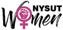 Pink and black logo for NYSUT Women; the 'O' in woman is replaced with the sign for female with a fist in the circle.