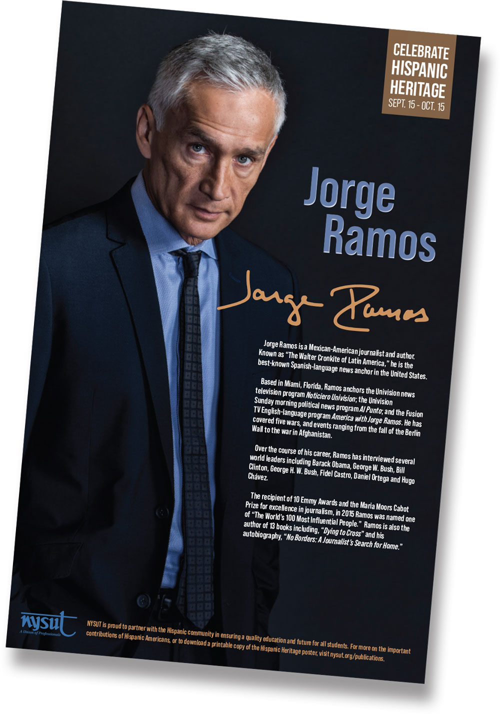 Poster of Jorge Ramos with a banner that read Celebrate Hispanic Heritage September 15 to October 15