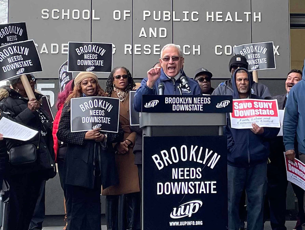 NYSUT President Andy Pallotta speaking in front of the School of Public Health during a Brooklyn Needs Downstate event