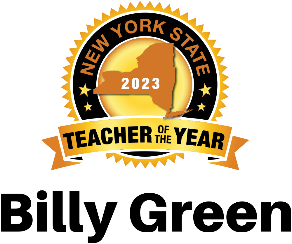 New York State 2023 Teacher of the Year seal with the name Billy Green below