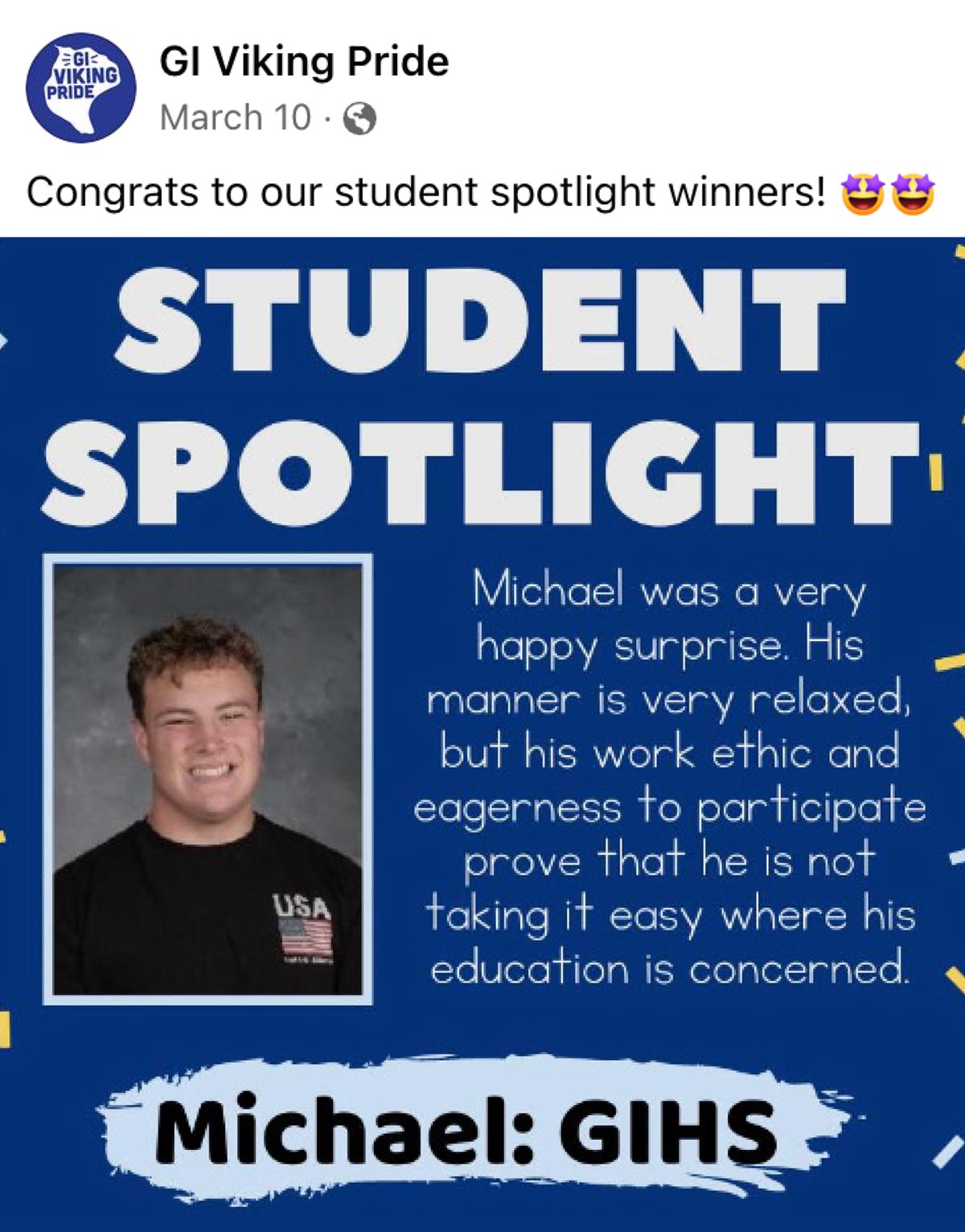 screen shot of GI Viking Pride Facebook post giving a shout out to a spotlight student