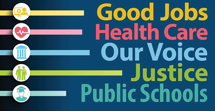 NYSUT Values - good jobs, health care, our voice, justice, public schools
