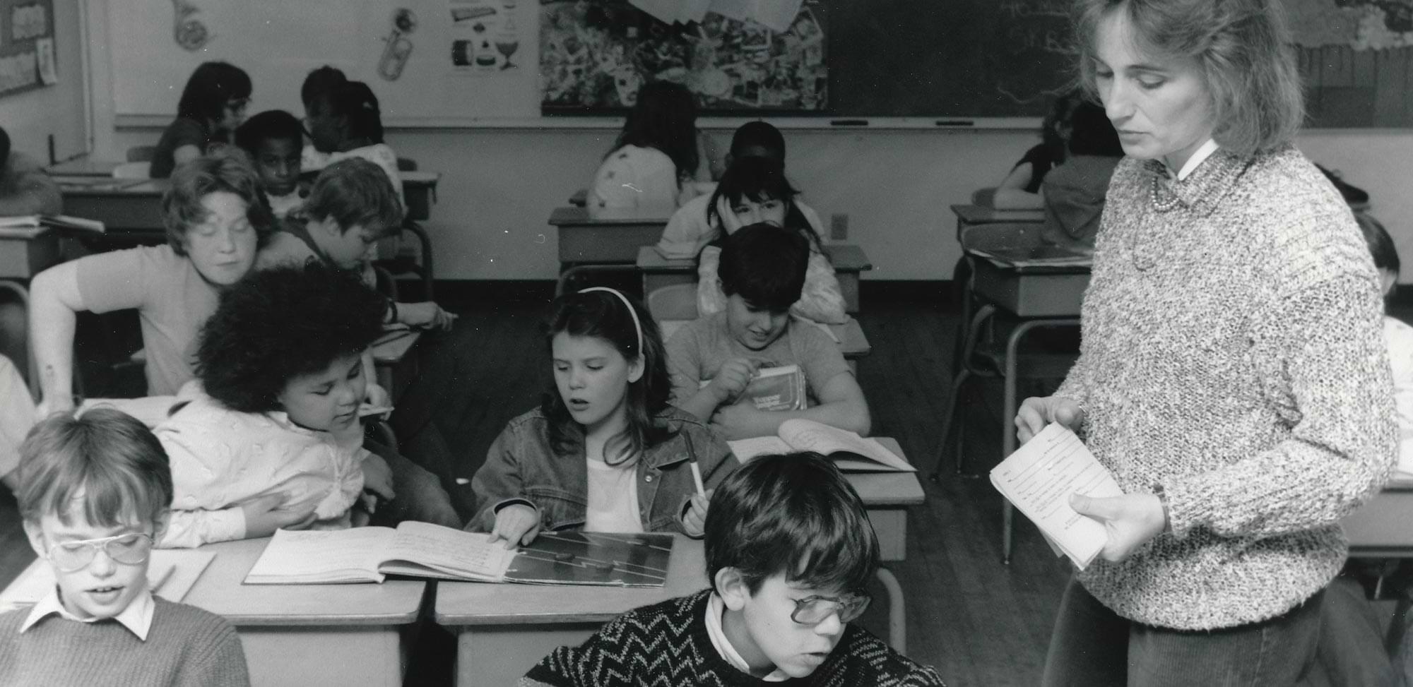 black and white photo of an New York elementary school class in session