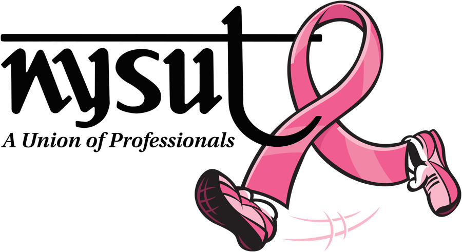 NYSUT logo beside the breast cancer ribbon wearing jogging shoes