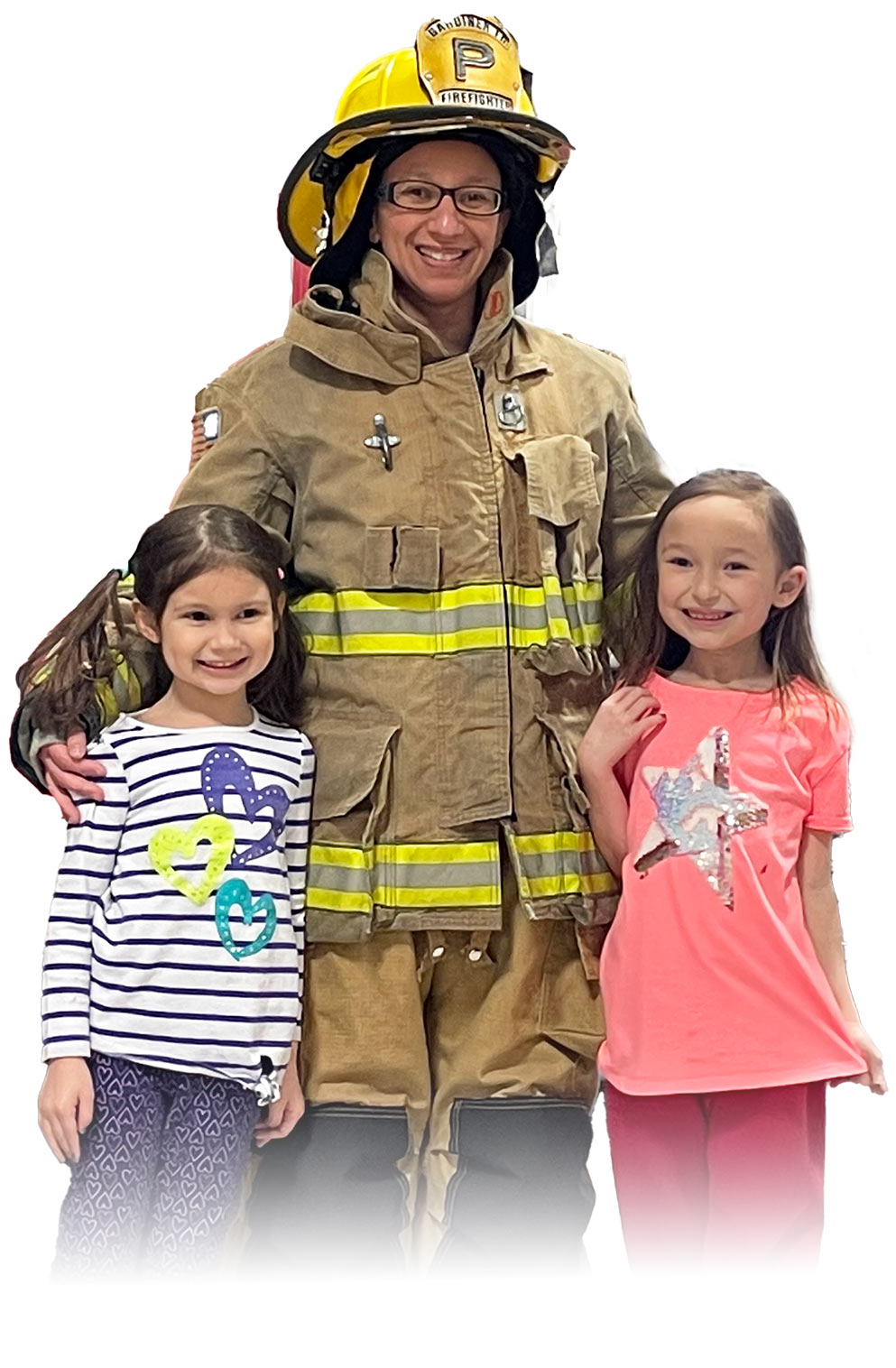 Portrait photograph of Sara Wadsworth (Wallkill Teachers Association) in her firefighter outfit smiling as she poses with two little happy smiling girls next to her