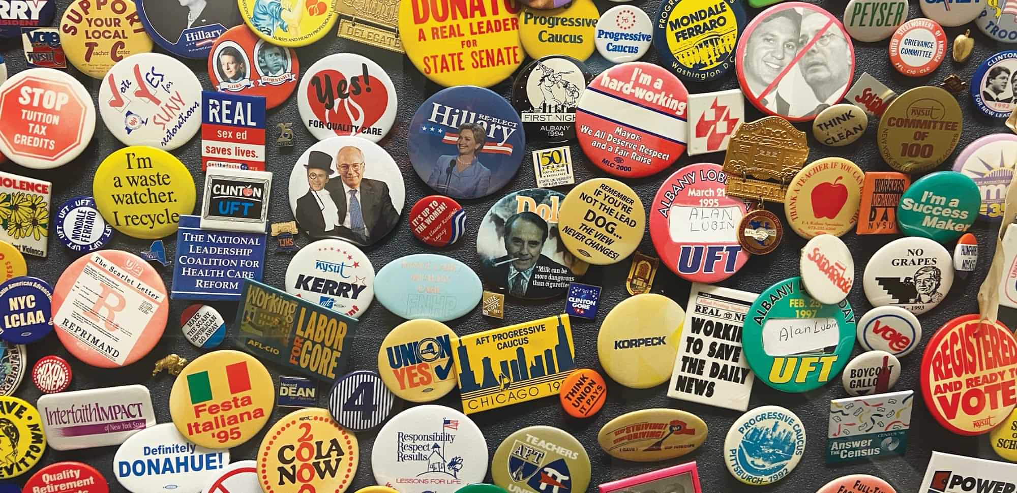 collection of numerous political campaign buttons