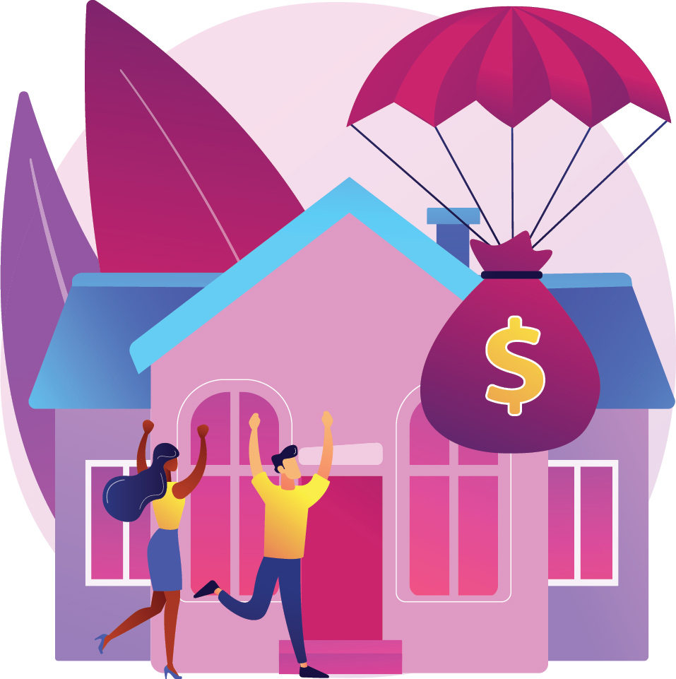 illustration of man and woman rejoicing with a flying money bag in front of a house