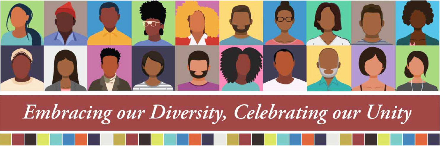 illustration of minimalist portraits of people of color with text that reads: Embracing our Diversity, Celebrating out Unity