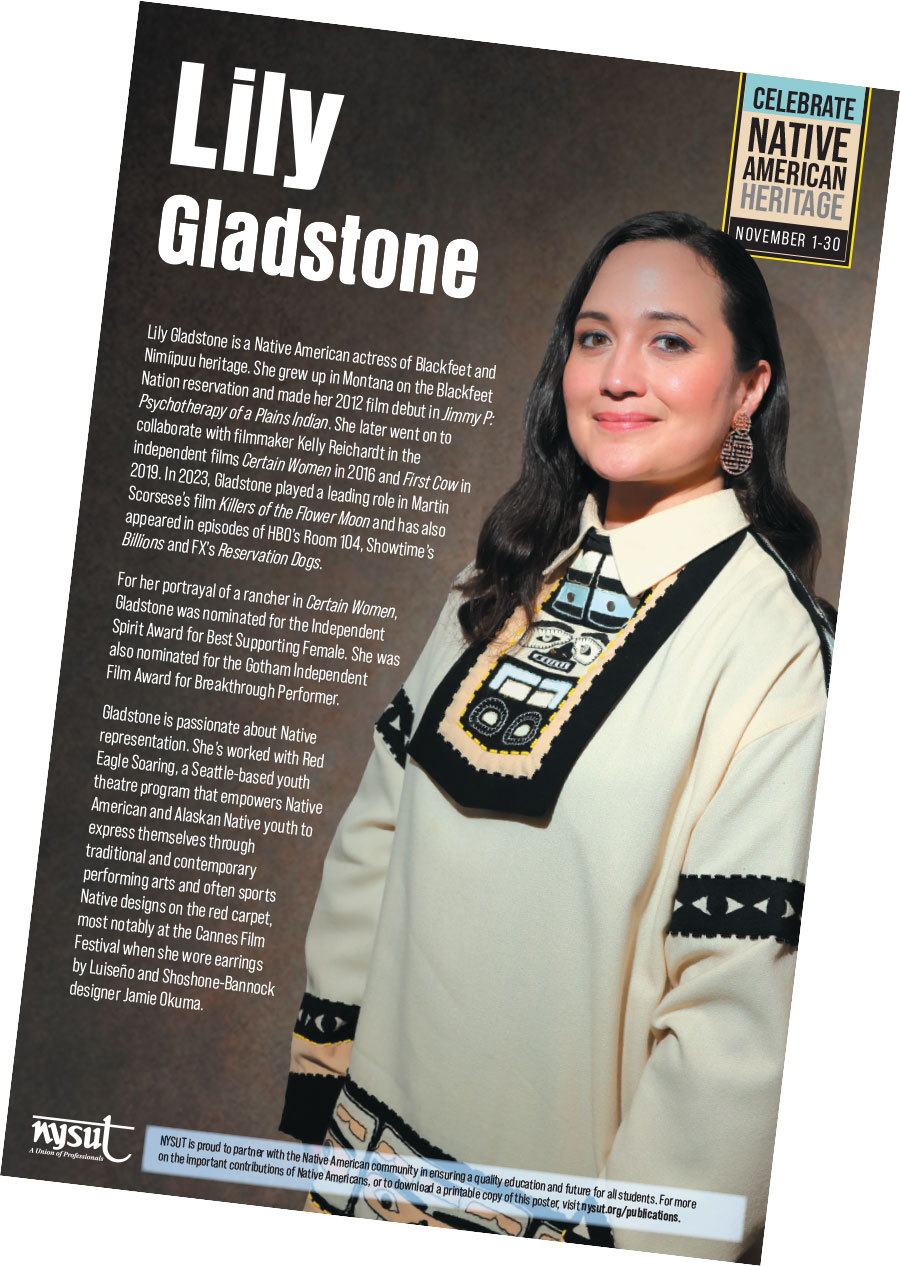 Native American actress Lily Gladstone on an NYSUT poster celebrating Native American Heritage Month