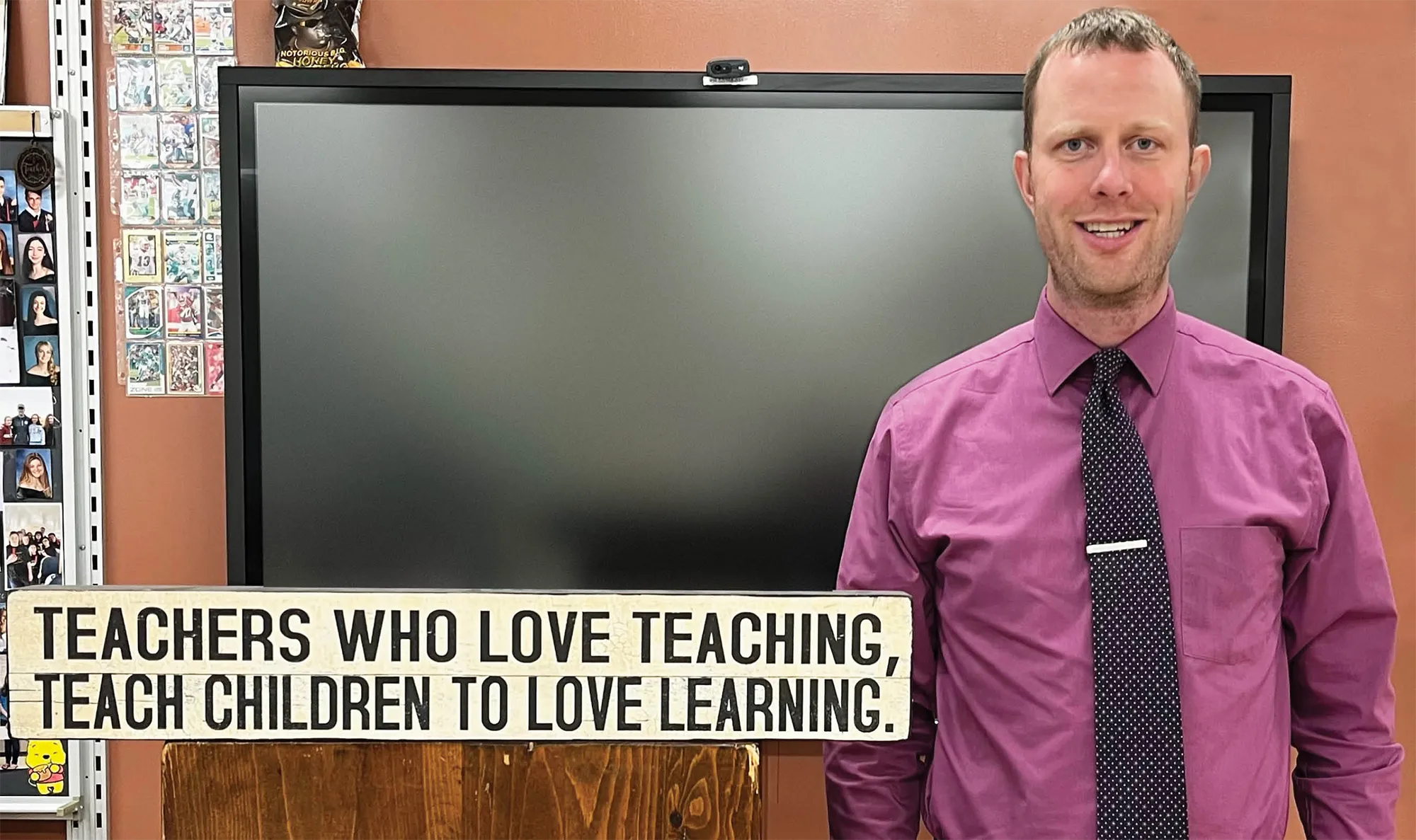 secondary-level English teacher Matt Haynes in a purple shirt and black and white tie