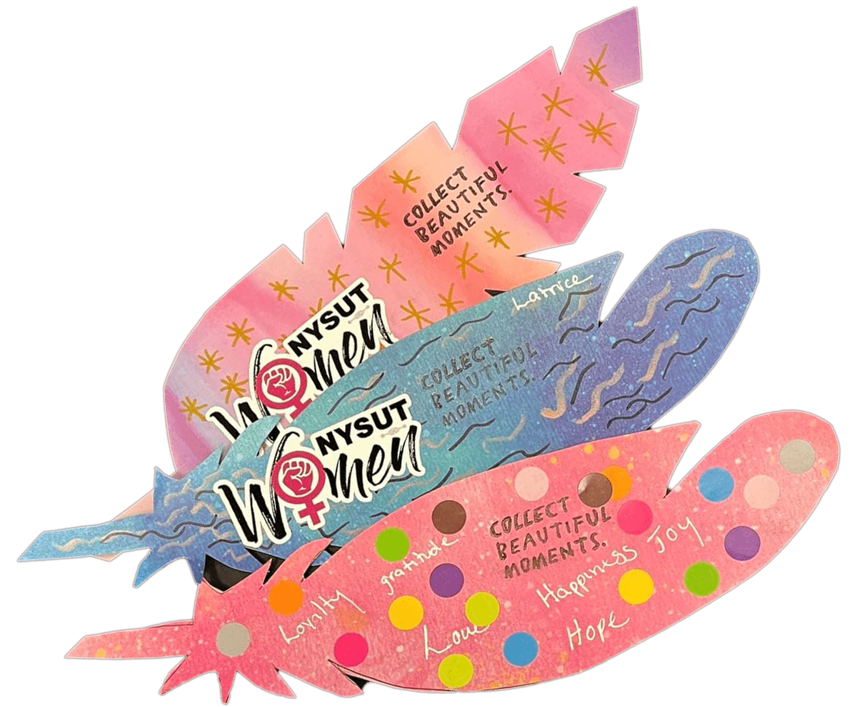 Illustration of three pink and blue feathers with colorful dots on them, two of which say NYSUT Women