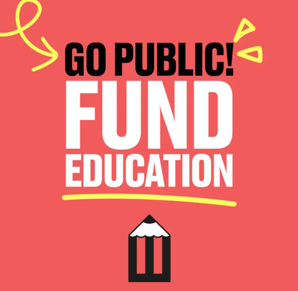 Red square box shows a yellow curvy arrow pointing at black phrase that reads GO PUBLIC! (also two yellow triangular shapes beam out next to exclamation point) while below that is white phrase that reads FUND EDUCATION with a yellow curved line underneath; a red/black chunky size minimalist pencil illustration located at bottom under both phrases