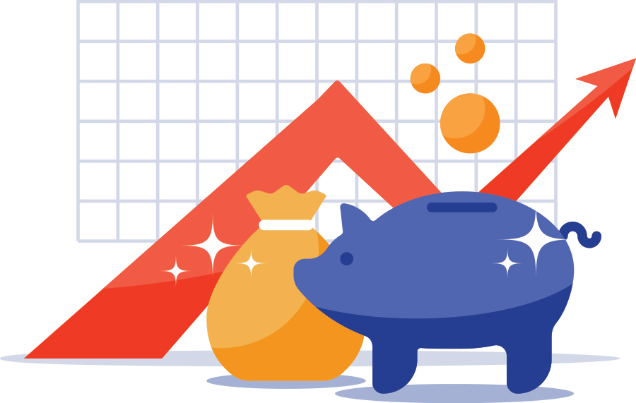 vector illustration of a piggy bank with a bag and a graph with a red arrow in the background
