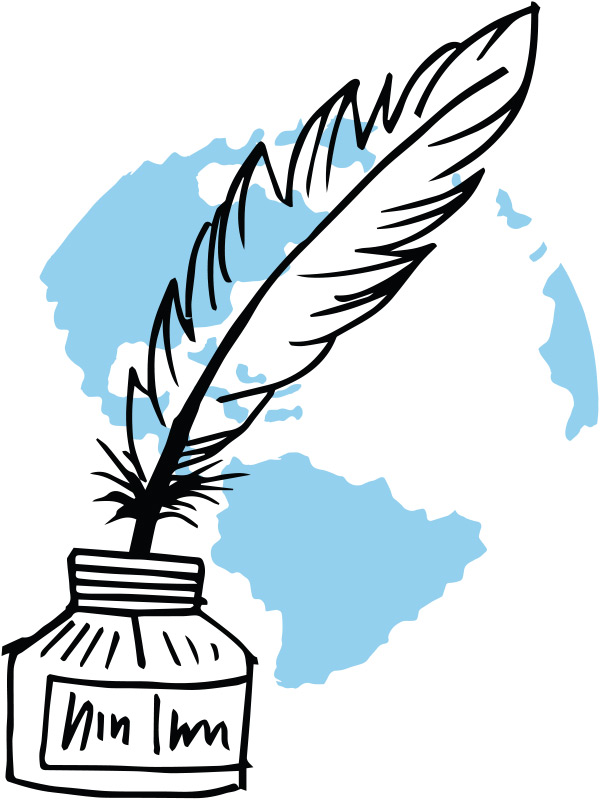 illustration of a quill in an ink bottle in front of the continents of earth