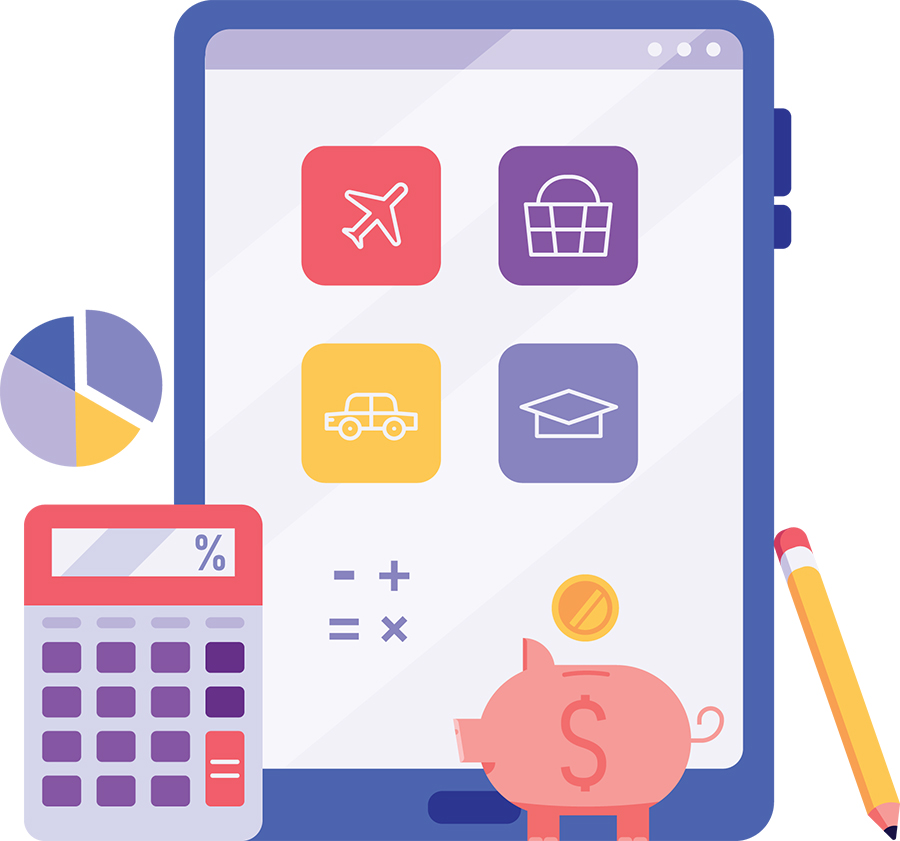 vector illustration of tablet and calculator and finance, education, and travel icons