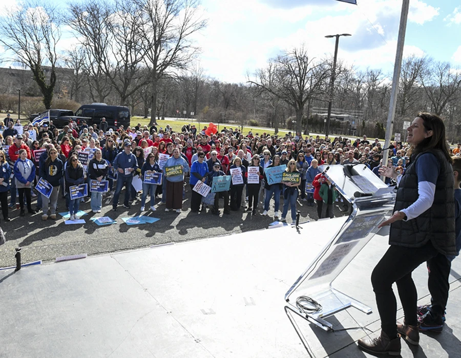 NYSUT President Melinda Person addresses a crowd at a rally