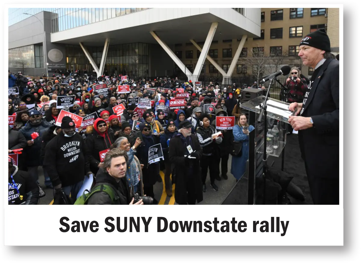 view from the stage at a large crowd attending the Save SUNY Downstate rally