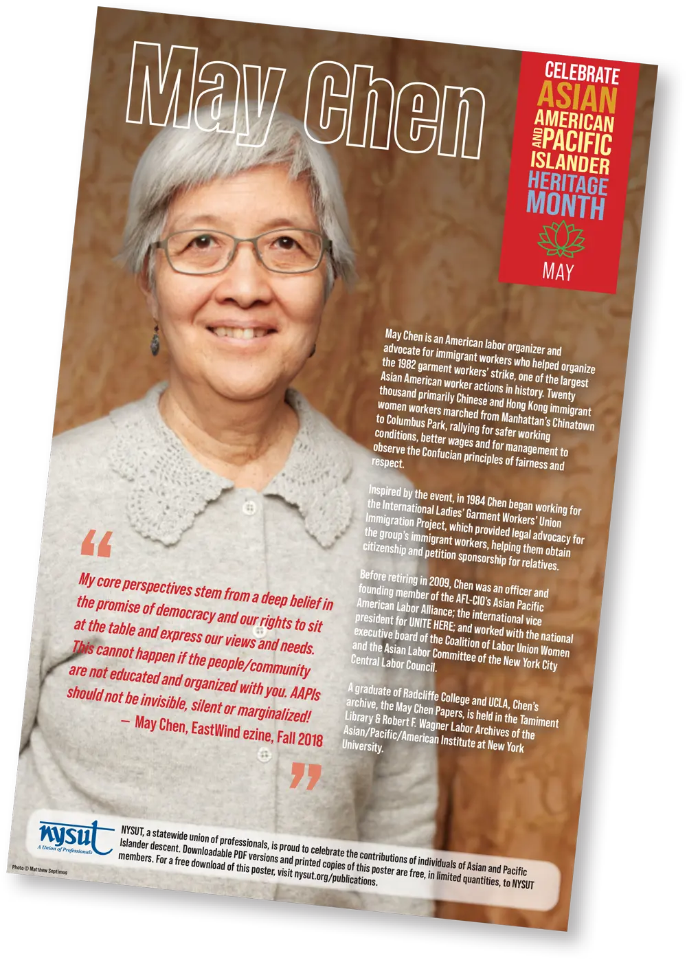 an NYSUT poster featuring American labor organizer and advocate May Chen in celebration of Asian American Pacific Islander Heritage Month