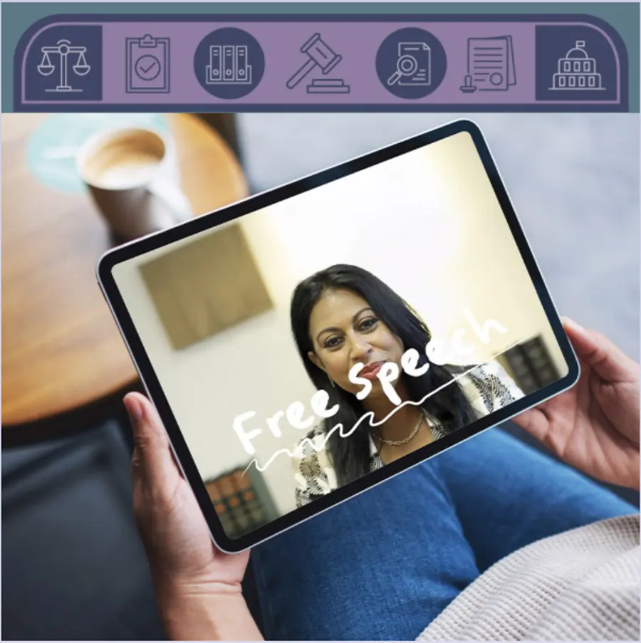 A person holds a tablet displaying a woman and the handwritten words "Free Speech". Above the tablet are icons related to law and justice.