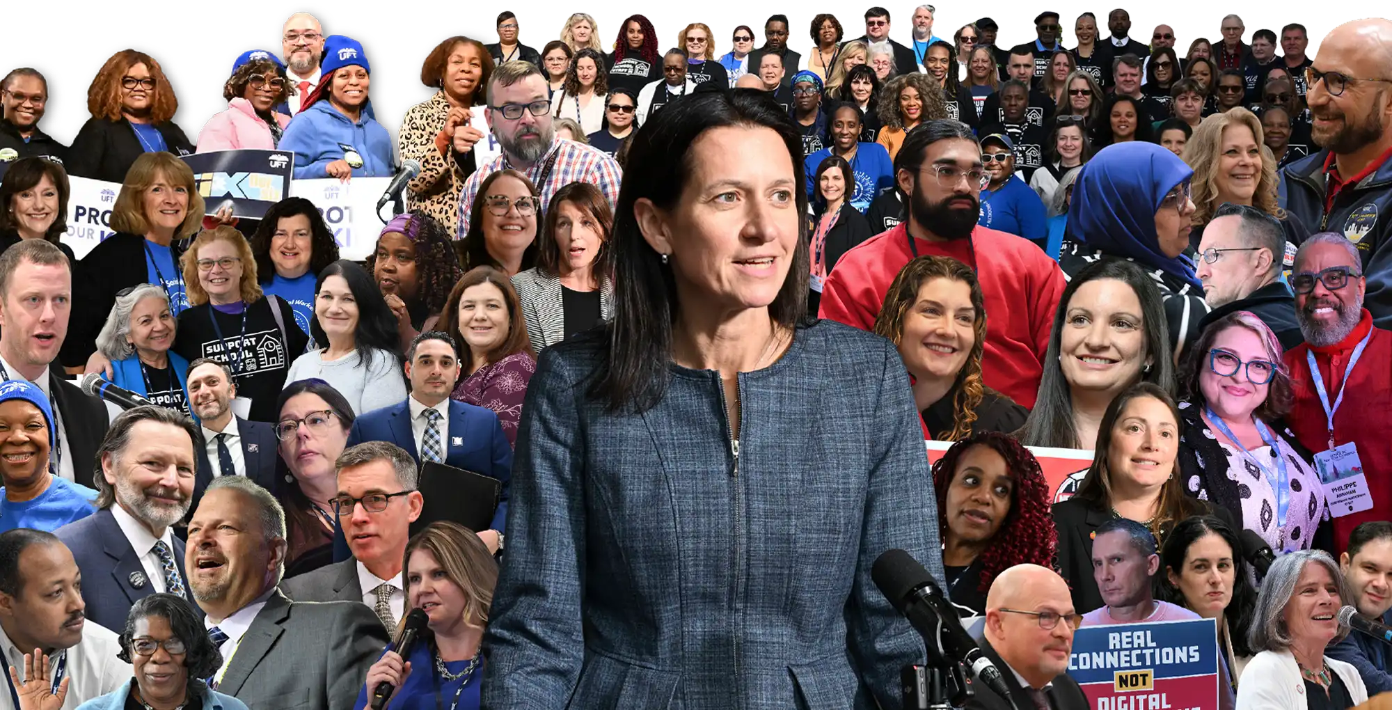 NYSUT President Melinda Person dressed in a grey suit stands at a podium in the foreground, with a collage of the diverse individuals that make up NYSUT membership surrounding her.