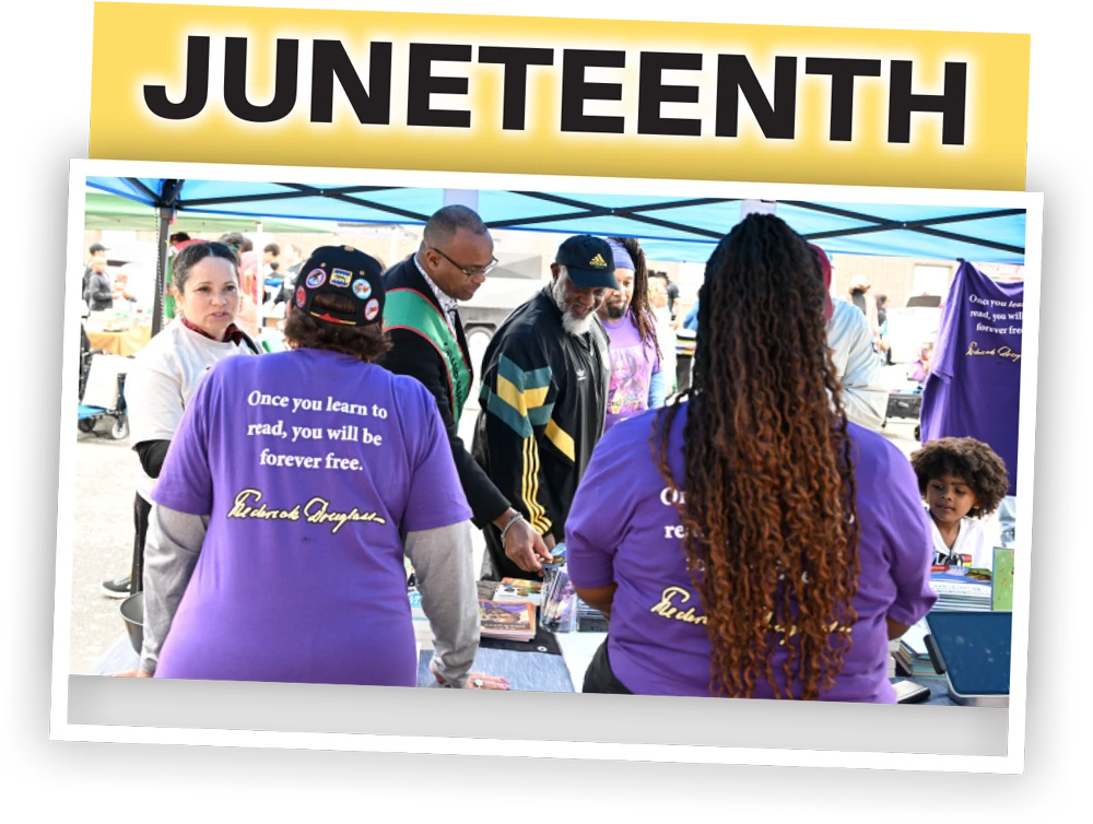 Juneteenth typography; image of people standing under a blue tent, with two individuals in the foreground wearing purple shirts that read "Once you learn to read, you will be forever free."