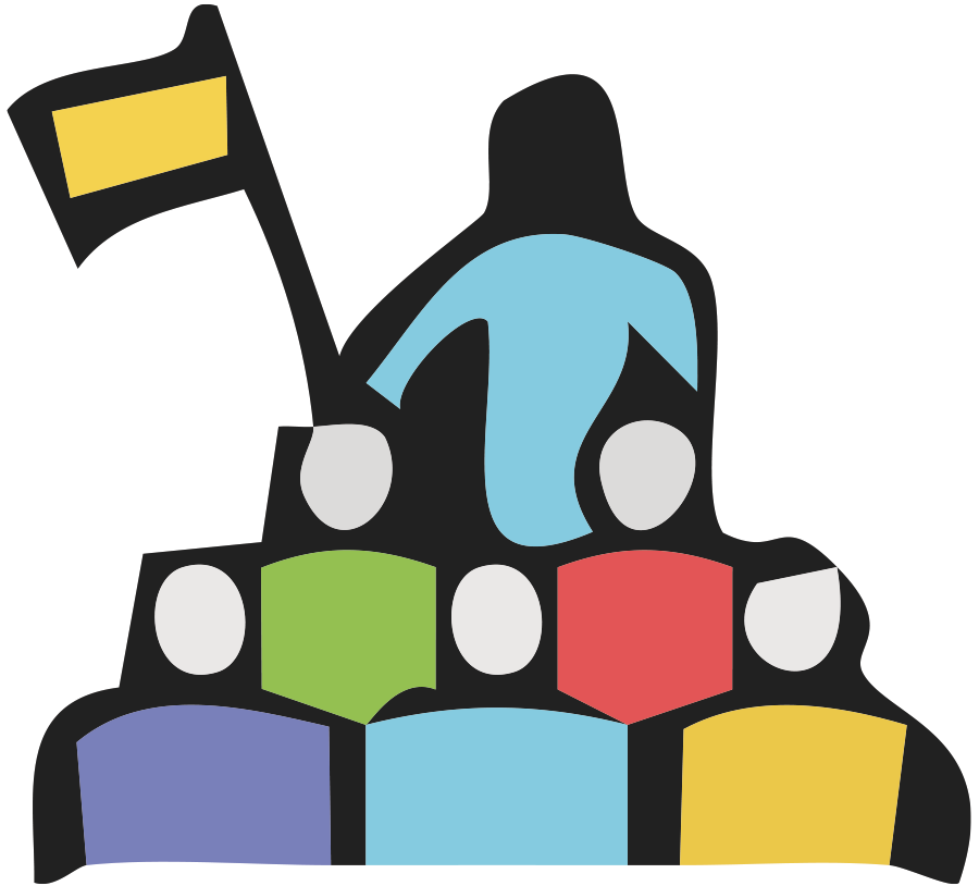 Illustration of a leader silhouette in light blue and black standing over a diverse crowd of people with colorful tops (green, red, purple, light blue, yellow), holding a yellow and black flag.