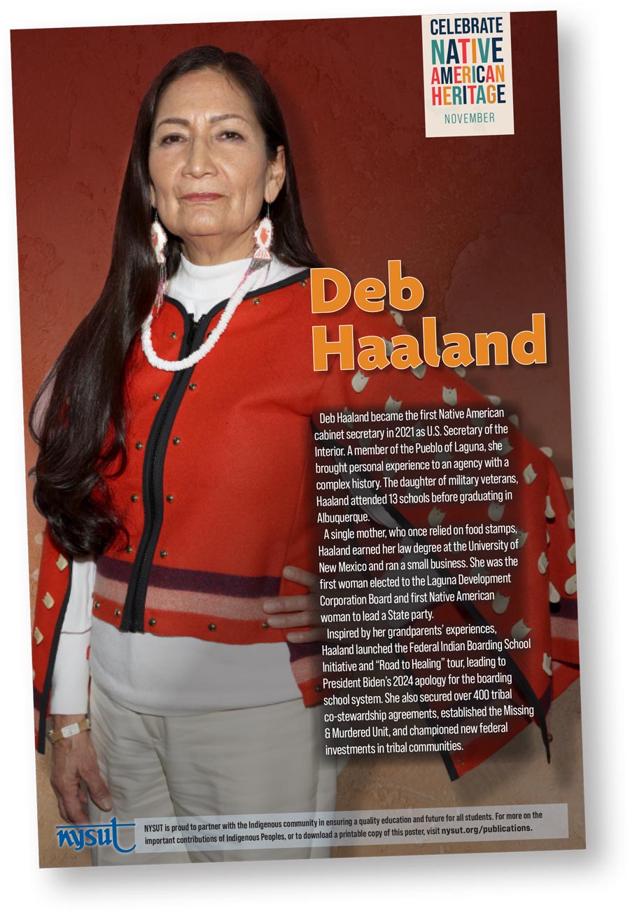 NYSUT Native American Heritage Month celebration poster honoring Deb Haaland