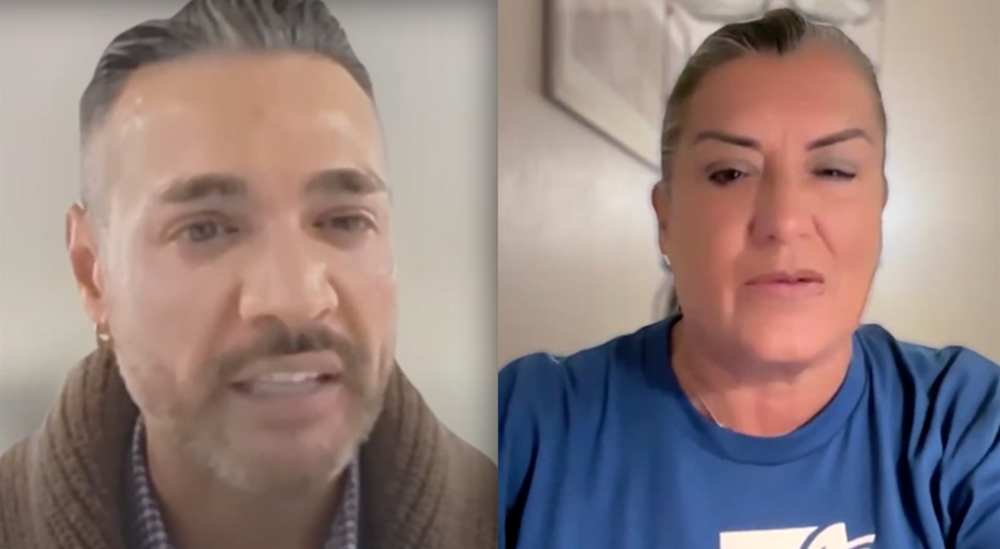 Two people engaged in a video call, one wearing a brown sweater and the other a blue shirt.