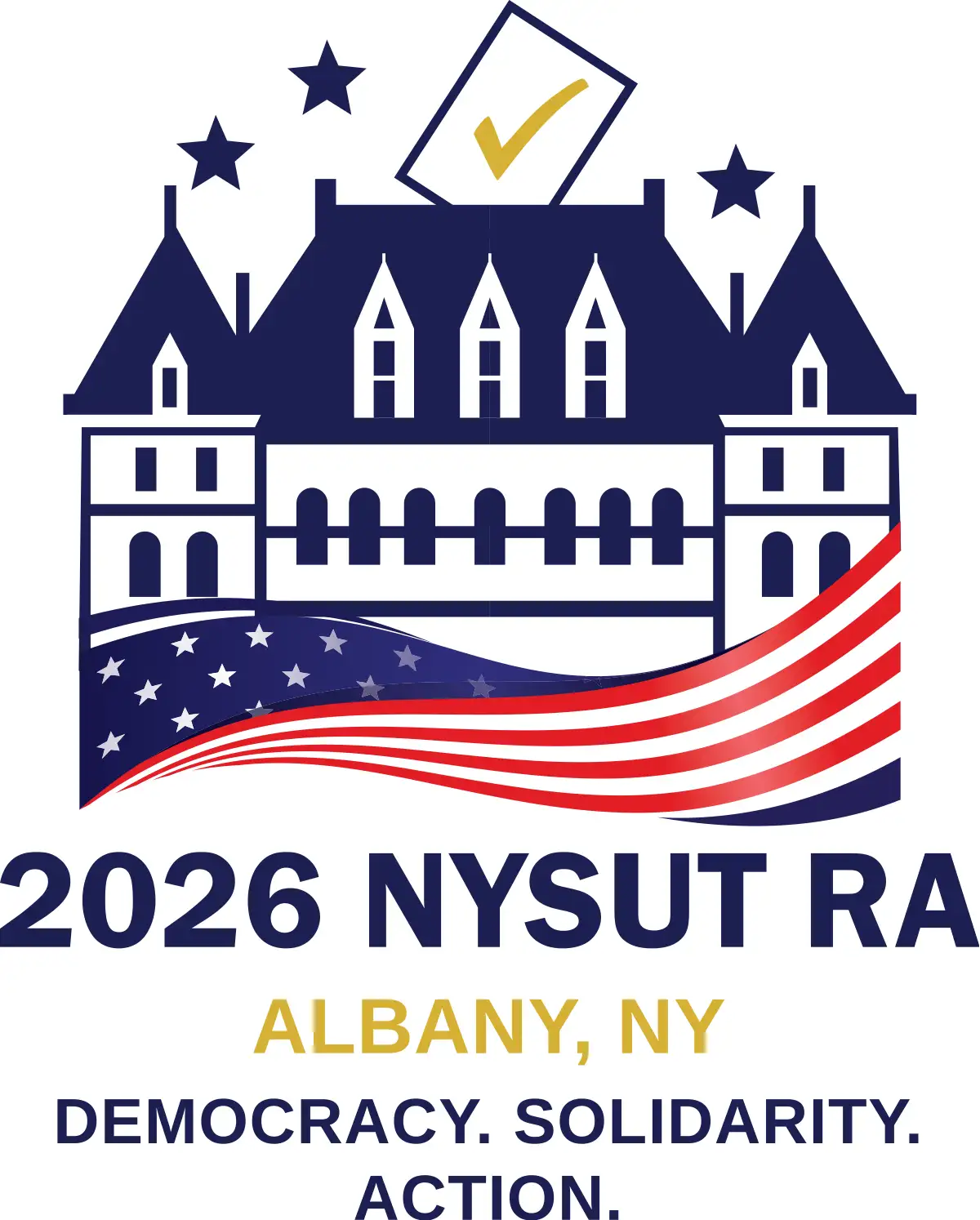 Logo for the 2026 NYSUT RA in Albany, NY, featuring an illustration of the New York State Capitol, an American flag, and a ballot box.