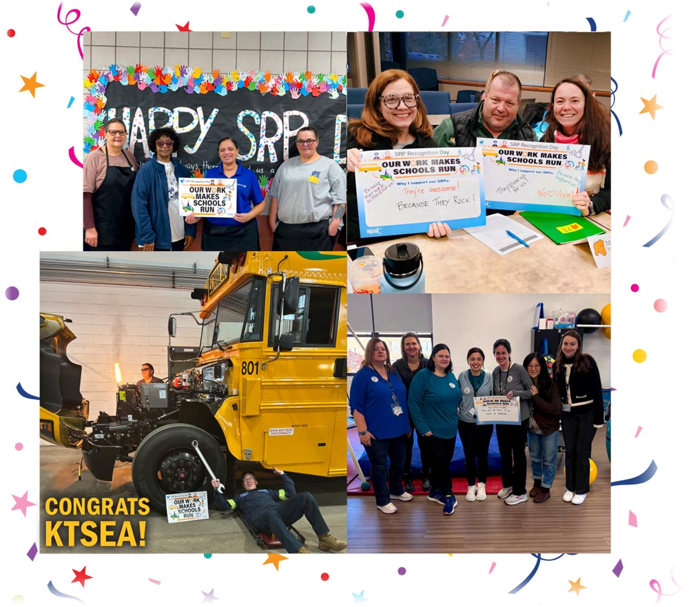 A collection of four photos featuring Kenmore Tonawanda School Employees Association participating in spirit of SRP Recognition Day and the theme “Our Work Makes Schools Run.”
