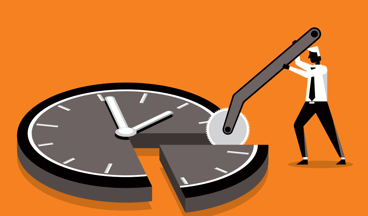 Illustration of a man in a tie using a pizza cutter to slice a piece out of a large clock face on an orange background.