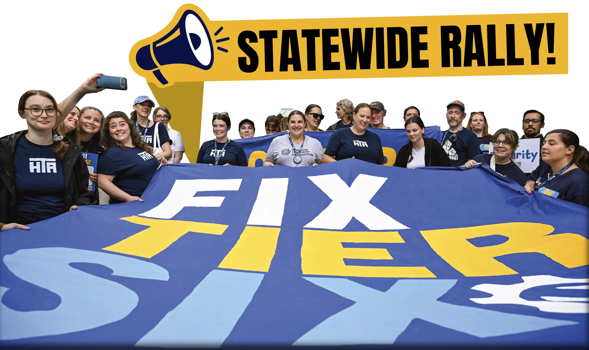 A diverse group of smiling union members holds a large blue banner that reads “FIX TIER SIX” in bold lettering. At the top of the image, a yellow graphic displays a megaphone icon and the text “STATEWIDE RALLY!”.