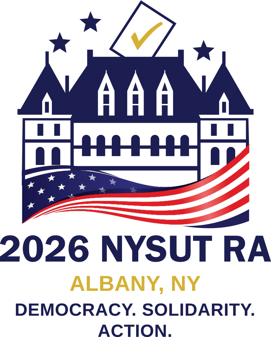 Logo for the 2026 NYSUT Representative Assembly in Albany, NY, featuring the New York State Capitol building silhouette, a ballot box, and the theme "Democracy. Solidarity. Action."