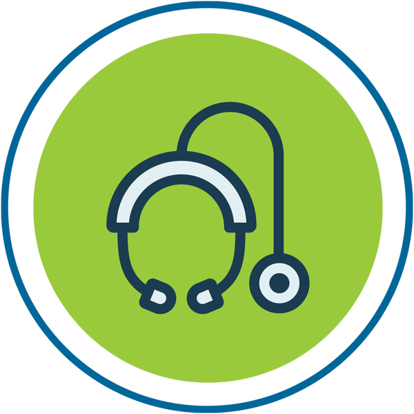 circular vector icon of a dark blue stethoscope against a vibrant green background