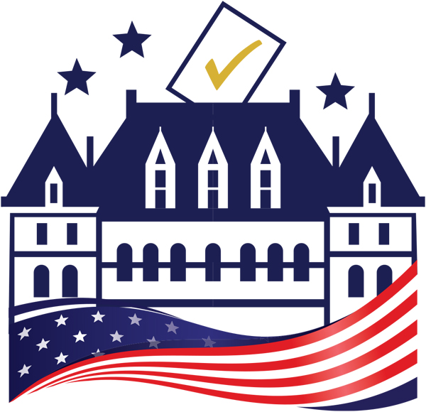 vector illustration of a large spired building wrapped in the American flag