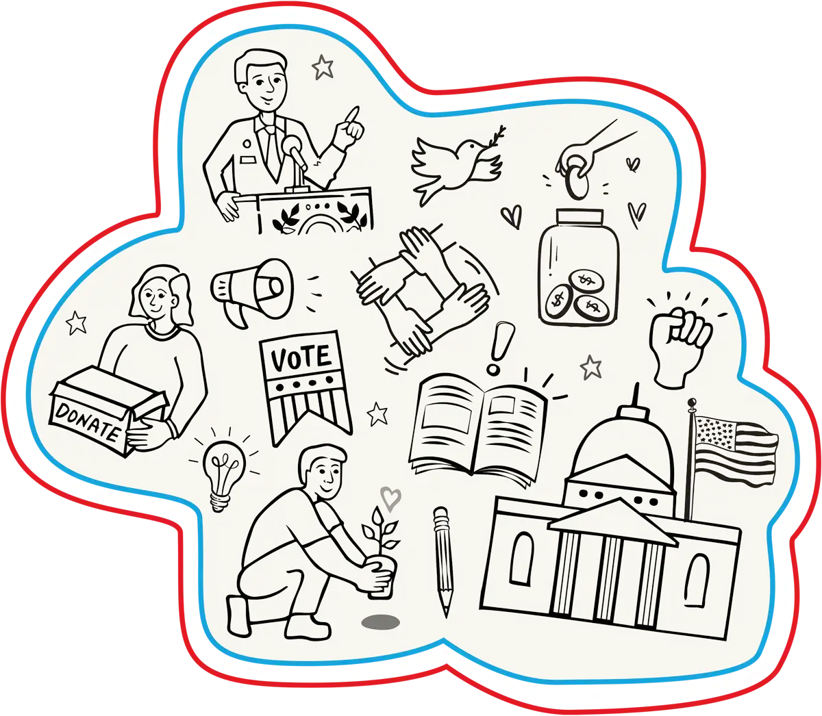 A grey, cloud-shaped graphic outlined in red, white, and blue containing various black line-art doodles representing civic duty and community action. Icons include a person speaking at a podium, a "VOTE" sign, the U.S. Capitol building, a person planting a tree, hands joined together, and a "DONATE" box.
