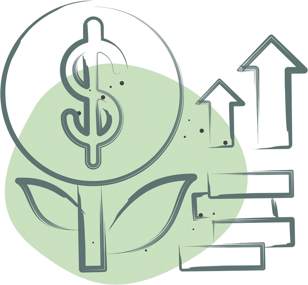 Stylized line drawing of a dollar sign inside a circle growing from a stem with two leaves.