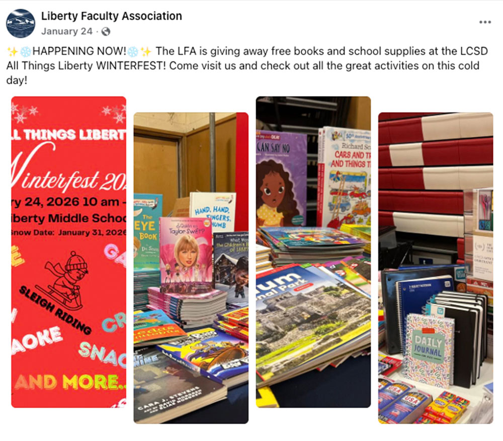Screenshot of a Liberty Faculty Association Facebook post featuring a Winterfest flyer alongside photos of children's books and school supplies, such as notebooks and markers, laid out on tables for a giveaway.