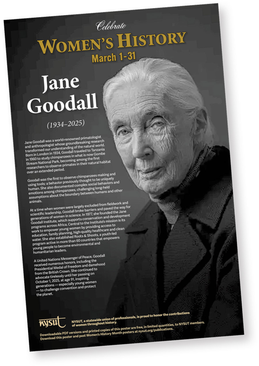 NYSUT Women's History Month celebration poster honoring primatologist and anthropologist Jane Goodall