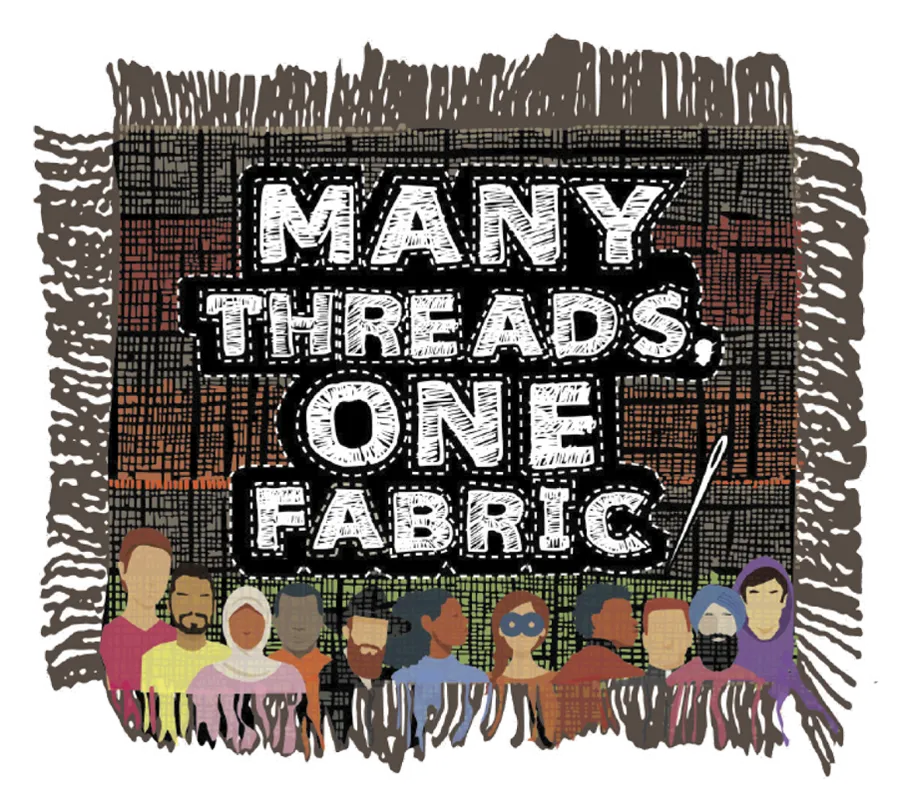 Graphic with text "MANY THREADS, ONE FABRIC" centered on a woven tapestry background. A row of diverse stylized human figures is illustrated at the bottom. The image features a frayed fabric-style border.