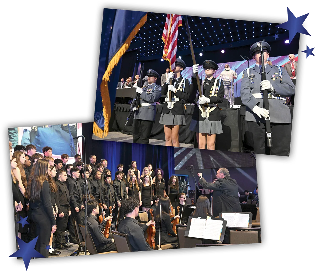 Two stacked photos showing a military color guard unit and a student choir performing on stage at a convention.