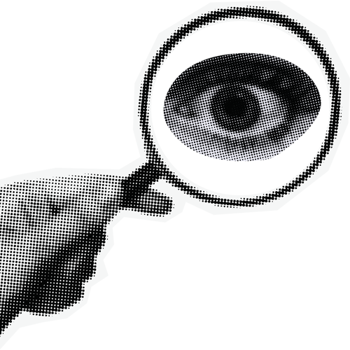 A black and white halftone graphic of a hand holding a magnifying glass in front of an eye.