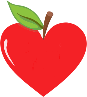 Graphic of a red apple in the shape of a heart with a brown stem and green leaf.