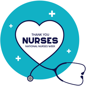 A teal circle with white plus signs and a white heart. Inside the heart is the text “THANK YOU NURSES NATIONAL NURSES WEEK.” A stethoscope outline forms the bottom point of the heart.