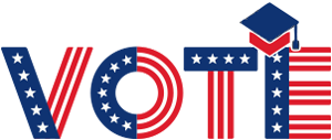 The word “VOTE” in blue and red with white stars and stripes. A blue and red graduation cap rests on the top of the letter “E.”