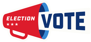 A red megaphone with the word “ELECTION” and three white stars. The word “VOTE” in large blue letters emerges from the opening of the megaphone.