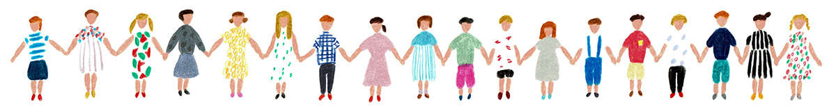 A colorful drawing of diverse children standing in a row and holding hands.