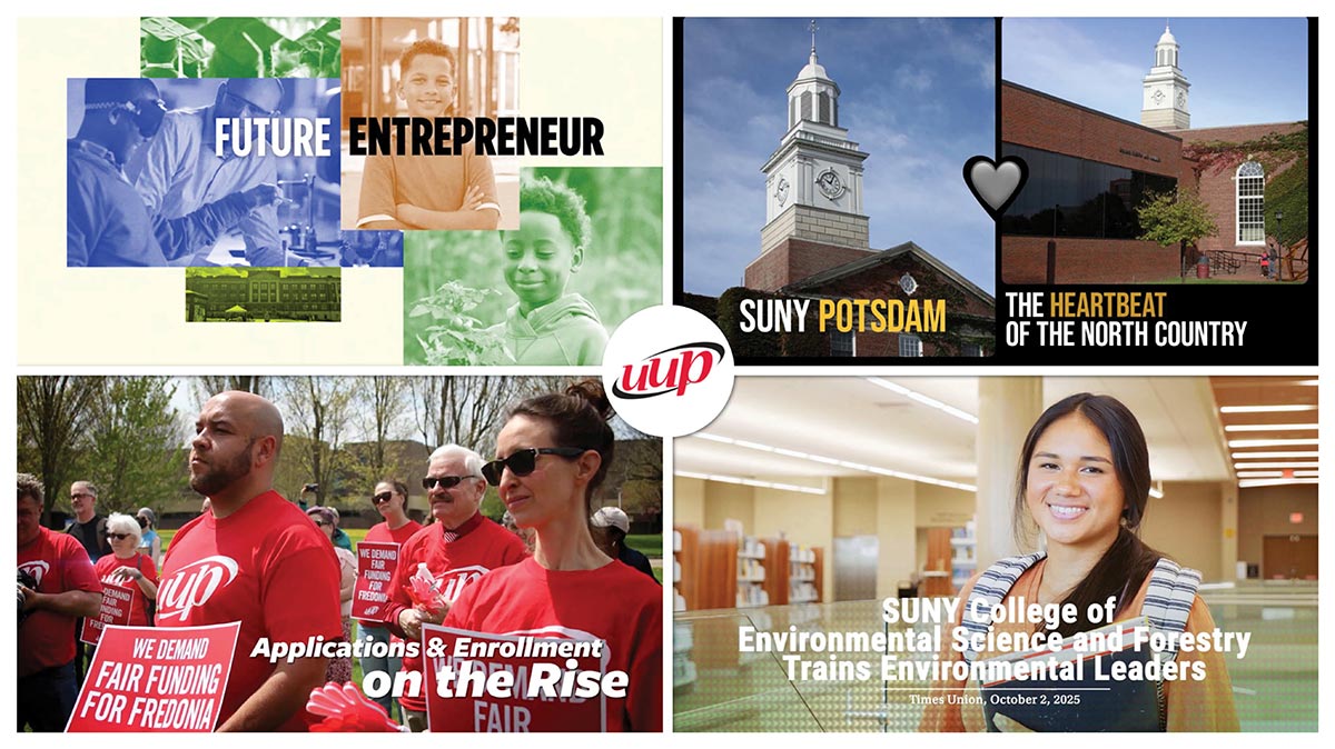 A collage featuring students, SUNY campus buildings, and UUP members protesting for fair funding.