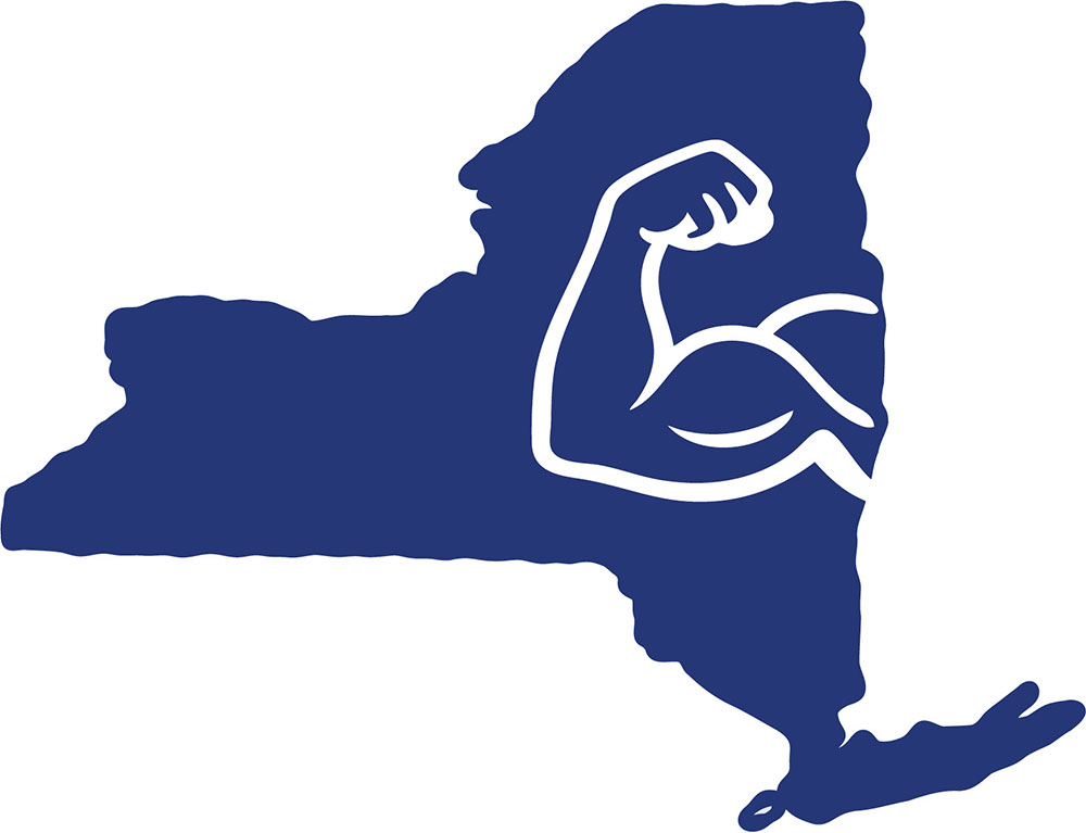 A solid blue silhouette map of New York state with a flexing bicep cut out.